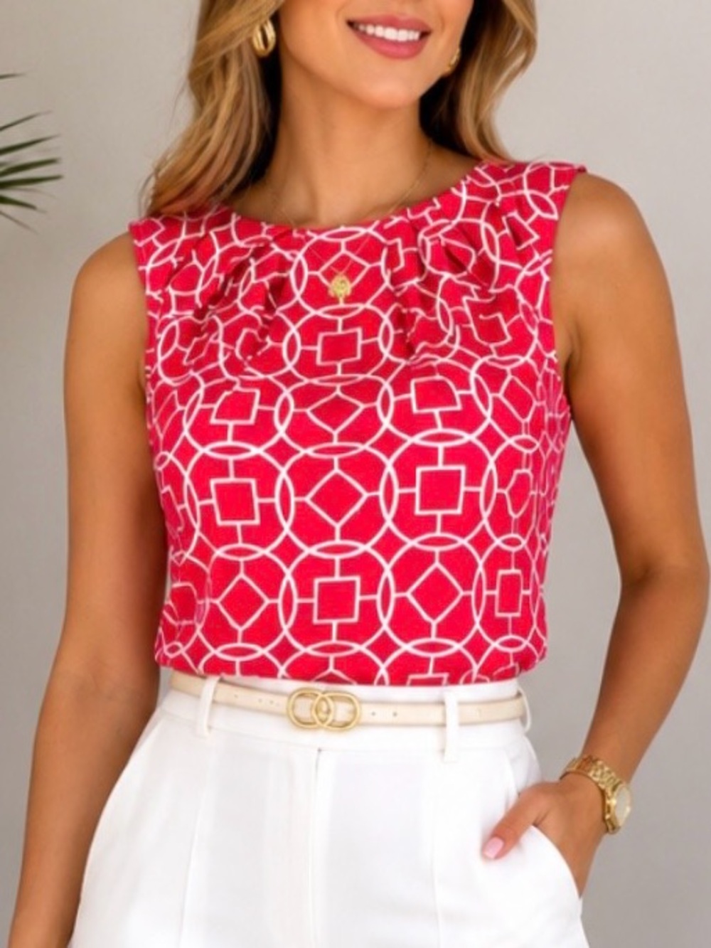 Worthington Red & White Geometric Sleeveless Top